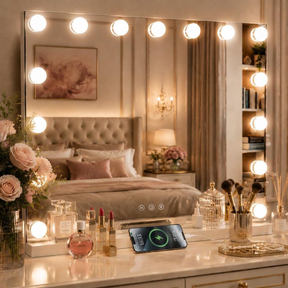 New Hollywood Vanity Mirror with Lights 15 Dimmable Bulbs USB Port 23x18